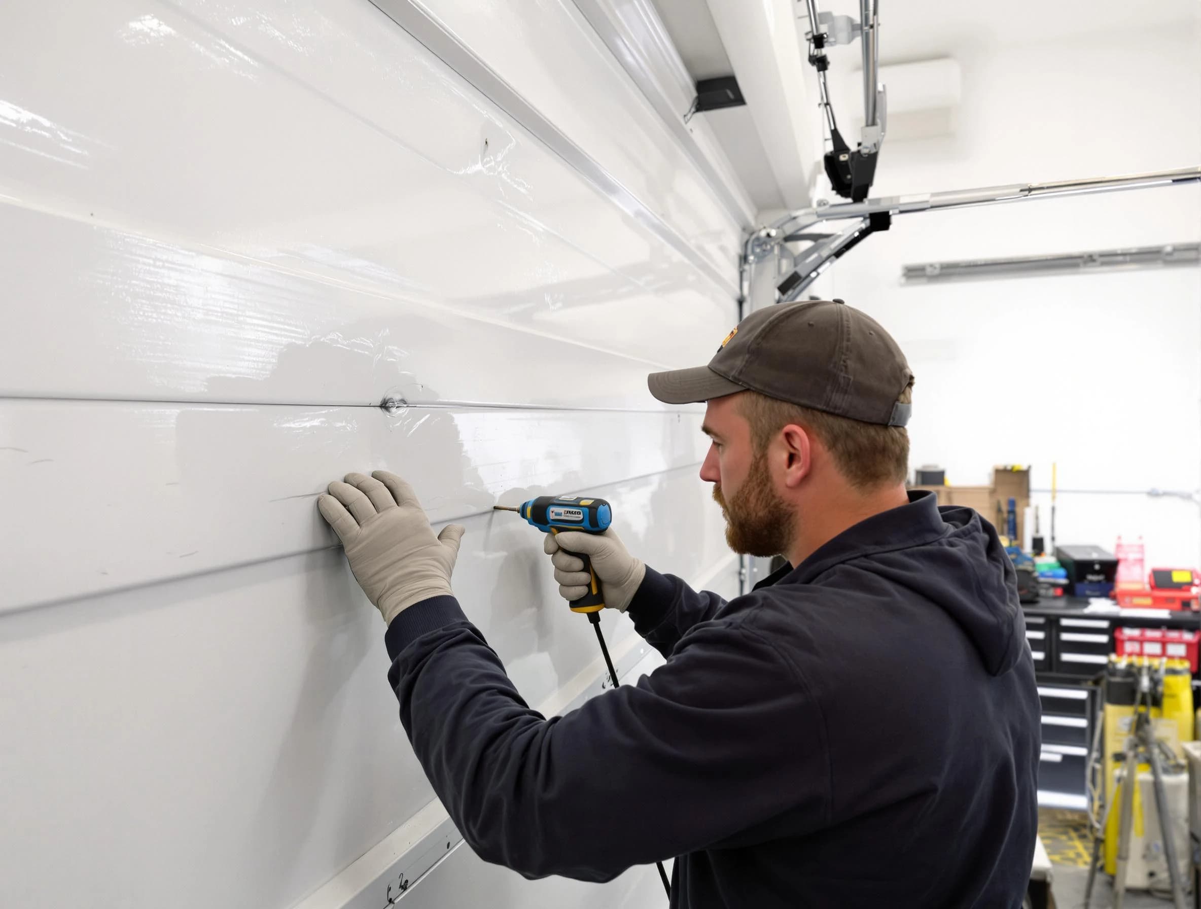 El Cerro Garage Door Repair technician demonstrating precision dent removal techniques on a El Cerro garage door